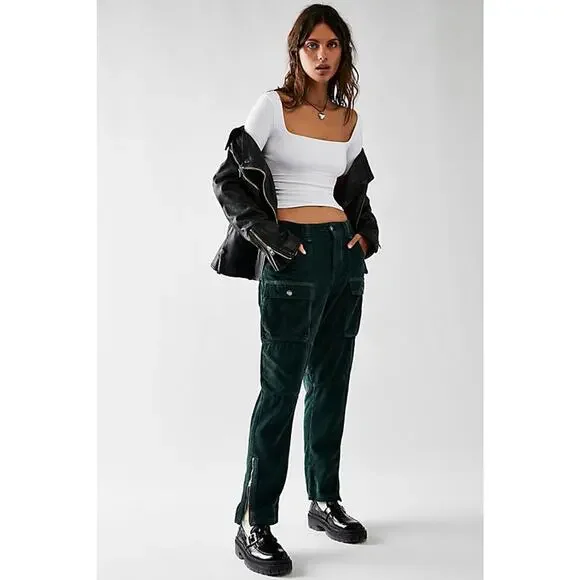 Free People Green London Calling Slouchy Cord Pants - Picture 2 of 14